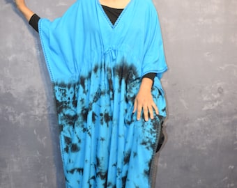 Sky Blue Tie Dye Kaftan: Bohemian Rayon Beach Cover-Up