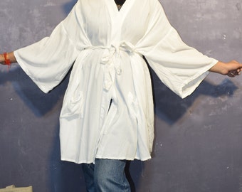 White Rayon Kimono Robe: Hand-Dyed Tie Dye Loungewear