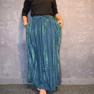Blue Tie-Dye Rayon Maxi Skirt: High Waist A-Line, M-4XL