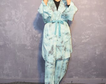 Grünes Tie Dye Rayon Kimono Set: Bohemia Beach Robe