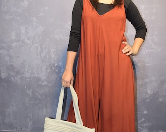 Kaffefarbener Overall für Frauen, Overall mit weitem Bein in Schwarz, Locker sitzender Overall, Kleidung in Übergröße, Palazzo Jumpsuit, Insgesamt einfarbig