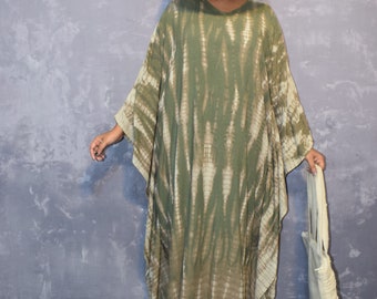 Green Tie Dye Rayon Kaftan: Bohemian Beach Cover-Up
