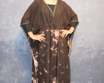 Coffee Tie Dye Rayon Kaftan: Bohemian Beach Cover-Up