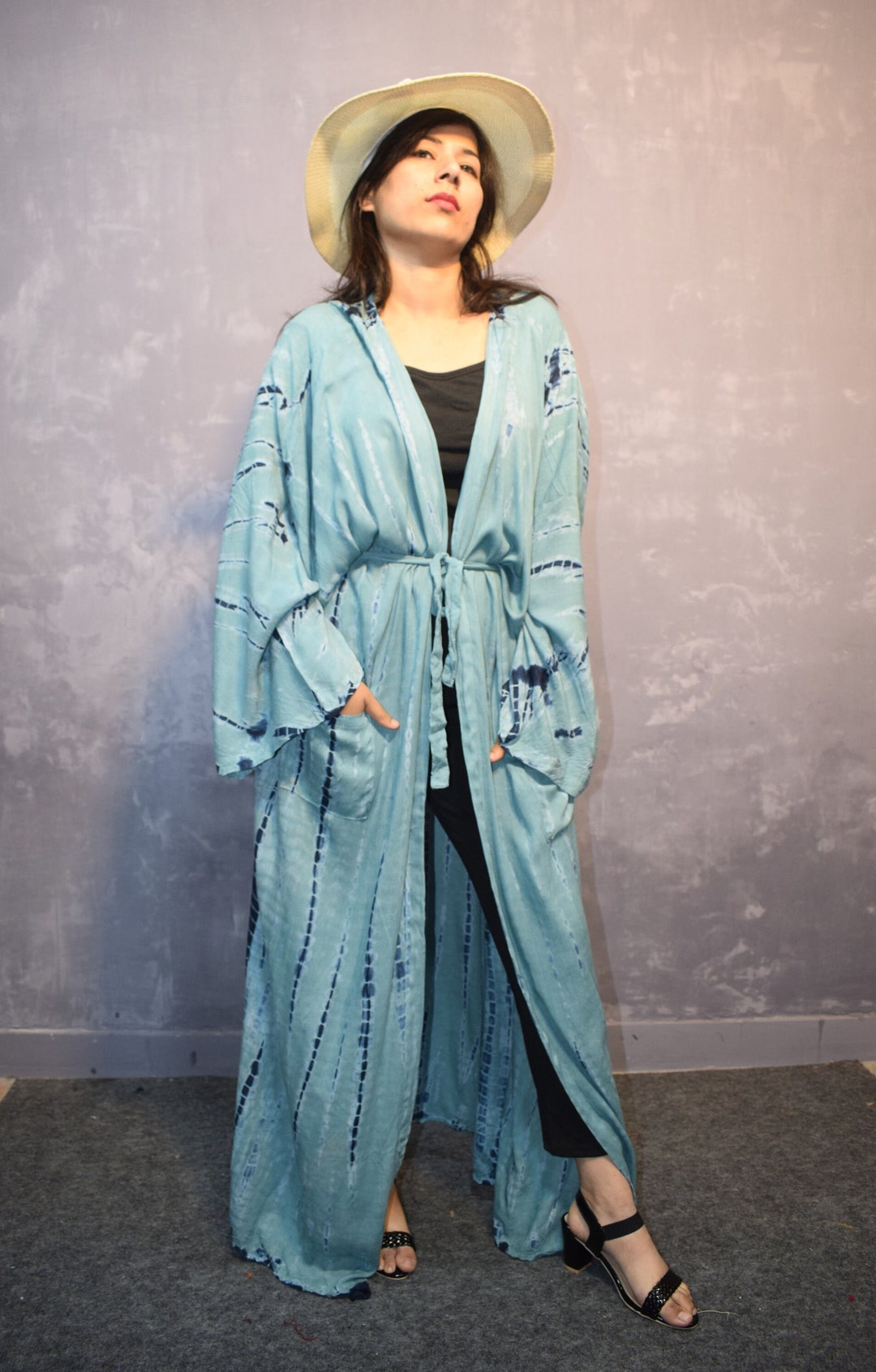 Sky Blue Pattern Robe Tie Dye Rayon Kimono Robe: Sky Blue Resort Wear Cover-up - Etsy