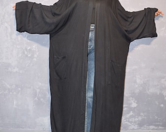 Czarny szlafrok kimono z wiskozy: sukienka boho, narzutka plażowa, strój wypoczynkowy boho, długi, czarny