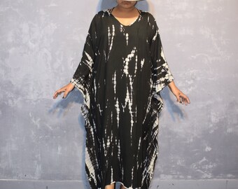 Black Tie Dye Rayon Kaftan: Bohemian Beach Cover-Up