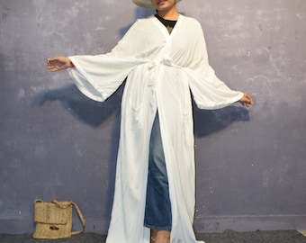 White Rayon Robe Dress: Robe Kimono Maxi Cover-Up Gown