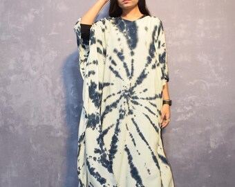 Handmade Tie-Dyed Rayon Caftan: Boho Maxi Dress, Resort Robe