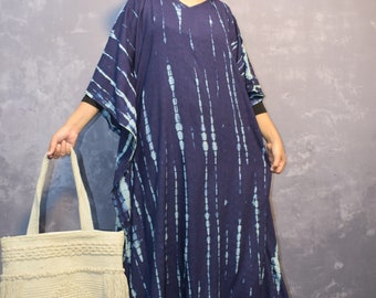 Blue Tie Dye Rayon Kaftan: Bohemian Beach Cover-Up