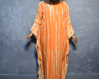 Orange Tie Dye Rayon Kaftan: Bohemian Beach Cover-Up
