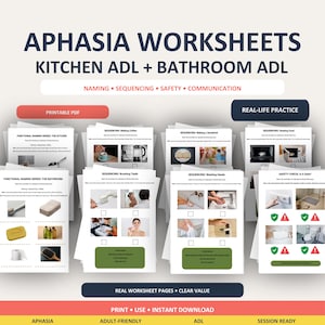 Könnte beinhalten: Eine Sammlung von Aphasie-Arbeitsblättern für Aktivitäten in Küche und Bad, inklusive druckbarer PDF-Seiten für Benennung, Sequenzierung, Sicherheit und Kommunikation, mit praxisnahen Übungen und Bildern für tägliche Aufgaben wie Zähneputzen und Händewaschen.