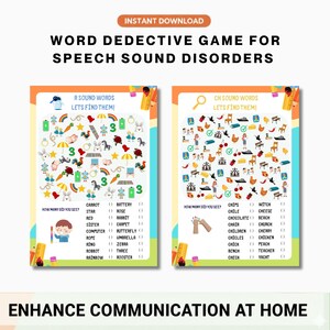 Puede incluir: Dos hojas de actividades imprimibles tituladas Word Dedective Game for Speech Sound Disorders. La hoja izquierda presenta palabras con el sonido R e ilustraciones. La hoja derecha presenta palabras con el sonido CH e ilustraciones.