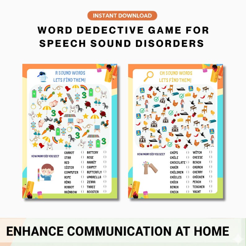 Puede incluir: Dos hojas de actividades imprimibles tituladas Word Dedective Game for Speech Sound Disorders. La hoja izquierda presenta palabras con el sonido R e ilustraciones. La hoja derecha presenta palabras con el sonido CH e ilustraciones.
