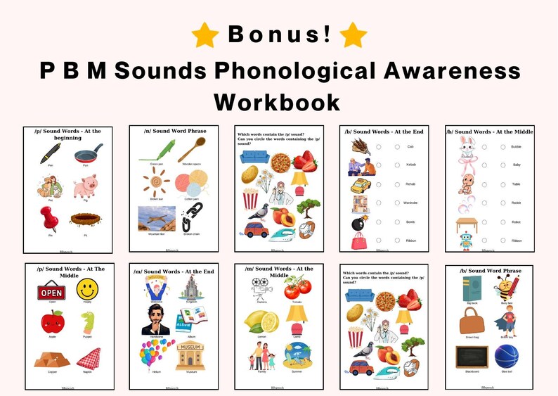Puede incluir: Un cuaderno de ejercicios de conciencia fonol&oacute;gica para los sonidos P, B y M con diez p&aacute;ginas de actividades educativas. Cada p&aacute;gina muestra ilustraciones coloridas de objetos y palabras para practicar sonidos con instrucciones para rodear.