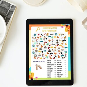 Puede incluir: Una tableta digital que muestra una hoja de actividades educativa titulada CH SOUND WORDS LETS FIND THEM! con una cuadr&iacute;cula de ilustraciones coloridas de objetos como sillas, cerezas y brujas, y una lista para contar cada elemento.