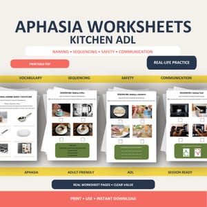 Könnte beinhalten: Ein Set aus druckbaren Aphasie-Arbeitsblättern mit dem Titel Kitchen ADL, das Bereiche für Wortschatz, Sequenzierung, Sicherheit und Kommunikation umfasst. Die Seiten zeigen Bilder von Küchenaufgaben wie Kaffeekochen oder Sandwichzubereitung.