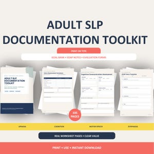 May include: An Adult SLP Documentation Toolkit featuring 105 pages of clinical forms. The document includes a cover page, Voice Assessment Summary, Cognitive-Communication Assessment, and SOAP Note Template for aphasia, cognition, motor speech, and dysphagia.