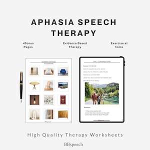 Puede incluir: Hojas de trabajo de terapia del habla para afasia con una pluma estilográfica negra, una página de ejercicios de denominación de artículos del hogar y una página de conversación diaria. El texto incluye Aphasia Speech Therapy, Evidence Based Therapy y Exercise at home.