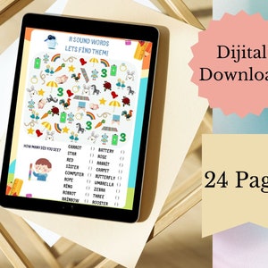 Puede incluir: Una tableta digital que muestra una hoja de actividades educativa titulada R SOUND WORDS LETS FIND THEM. La p&aacute;gina presenta ilustraciones coloridas de objetos como robots, conejos y arco&iacute;ris, con una lista de verificaci&oacute;n para contar.