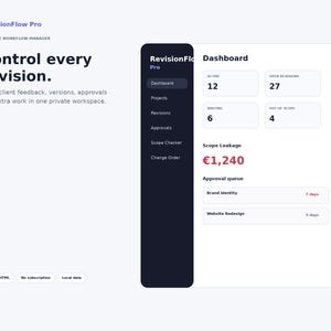 Peut inclure: Une interface numérique pour RevisionFlow Pro, un gestionnaire de flux de travail créatif. L'écran affiche un tableau de bord avec des mesures pour les révisions actives, ouvertes, en attente et hors périmètre, un montant de €1 240 et une file d'attente.