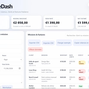 Op de afbeelding: Schermafbeelding van het FreelanceDash-dashboard, een financieel managementtool. De interface toont financiële gegevens, waaronder het totaal aan facturen, inkomsten, onbetaalde bedragen en geschat netto-inkomen. Het toont ook klant- en missiedetails.