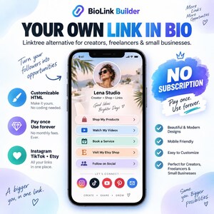 Peut inclure: Un écran de smartphone affichant l'interface BioLink Builder, présentant un profil pour Lena Studio avec des boutons pour les produits, vidéos, services et liens sociaux. Le design inclut des icônes pour Instagram, TikTok, YouTube, Pinterest et e-mail.