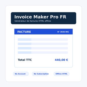 Pode incluir: Um modelo de fatura digital com o texto "Invoice Maker Pro FR" e "Générateur de factures HTML offline". A fatura exibe campos, um total de 440,00 €, e opções para "No Account", "No Subscription" e "Offline HTML".