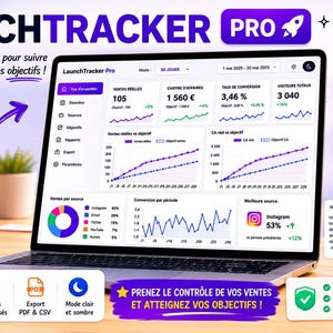 May include: A laptop screen displaying the LaunchTracker Pro dashboard with various data visualizations, including line graphs, a pie chart, and metrics for sales, revenue, and conversion rates, featuring purple and white interface elements.