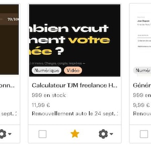 Peut inclure: Trois annonces de produits avec du texte et des icônes. La première annonce est pour un simulateur de budget personnel, la seconde pour un calculateur TJM freelance, et la troisième pour un générateur de factures. Chaque annonce comprend les tags "Numérique" et "Vidéo".