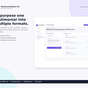 Peut inclure: Une interface numérique pour TestimonialVault Pro présentant un outil de génération de contenu. L'écran affiche le texte Repurpose one testimonial into multiple formats, avec des options pour sélectionner des témoignages et voir des formats.
