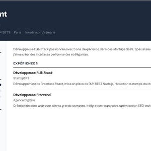 Peut inclure: Un curriculum vitae pour Marie Dupont, Développeuse Full-Stack. Le document présente des sections pour les compétences, les langues et l'expérience. Les compétences clés incluent React, Node.js et TypeScript. La mise en page est épurée et moderne.