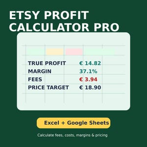 Peut inclure: Image avec le texte "ETSY PROFIT CALCULATOR PRO" sur fond vert foncé. Un tableau affiche les calculs de profit, marge, frais et prix cible. Le texte "Excel + Google Sheets" et une description sont également visibles.