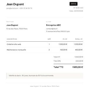 Può includere: Una fattura in bianco e nero di Jean Dupont, datata 24/05/2026. Dettaglia la creazione di siti web e la manutenzione mensile. L'importo totale dovuto è di 1980,00€. La fattura è indirizzata a Entreprise ABC.