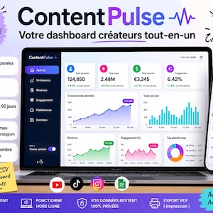 Peut inclure: Un tableau de bord ContentPulse affiché sur un écran d'ordinateur portable et un smartphone, présentant des graphiques analytiques, la croissance des abonnés, les revenus et l'engagement. L'interface inclut des textes comme 'Aperçu' et 'Croissance'.