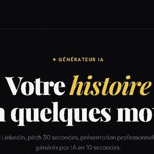 Puede incluir: Fondo negro con el texto "Votre histoire en quelques mots" en blanco y dorado. El logotipo "Bio Forge" está en la esquina superior izquierda. El texto de abajo dice "générés pur IA en 10 secondes."