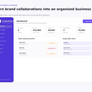 Peut inclure: Une interface de tableau de bord pour créateurs avec une barre latérale violette et un panneau principal blanc. L'écran affiche des indicateurs tels que les contrats actifs, un revenu de 12 900 €, des paiements en attente de 8 650 € et des alertes.