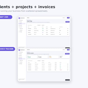 Peut inclure: Une interface numérique affichant les modules logiciels Client CRM et Invoice Tracker. La mise en page comprend des barres latérales de navigation, des tableaux de données avec des noms de clients, des détails de projets et des résumés financiers en euros.