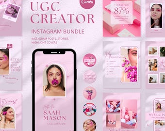 Pink UGC Social Media Templates, UGC Creator Instagram Bundle, Editable Instagram Post Template, Aesthetic Canva Templates for Influencers