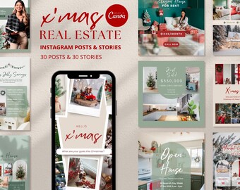 May include: A set of Christmas-themed real estate Instagram posts and stories. The design includes a smartphone showing various posts, such as "Elegant House for Rent" and "Just Sold" announcements. The colour scheme features red, green, and beige.