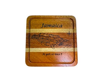 WOODEN COASTER SET with Jamaica Map engraved and grooved.