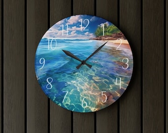 Vibrant Hues Beach Acrylic Wall Clock Beach Home Decor Beach House Blue Coastal Clock Wedding Gift Ocean Water Decor Round & Square