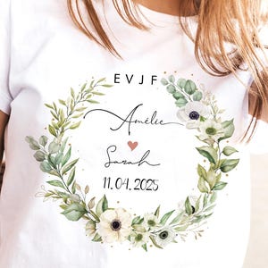 Personalisiertes EVJF-T-Shirt der zukünftigen Braut aus 100 % Bio-Baumwolle / Anpassbares botanisches EVJF-T-Shirt / EVJF-Accessoire / EVJF-Blumenkrone