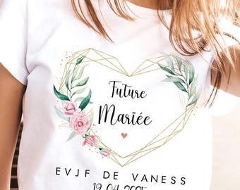 Camiseta de despedida de soltera personalizada 100% algodón para la futura novia - camiseta de equipo para la novia/dama de honor/despedida de soltera con corona, corazón y flores verdes