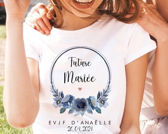 t-shirt EVJF personnalisé future mariée - t-shirt team mariée tote bag sac team mariée - EVJF couronne de fleurs bleu nuit