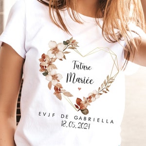 t-shirt EVJF 100% coton personnalisé future mariée - t-shirt team mariée tote bag sac team mariée - EVJF couronne cœur fleurs terracotta