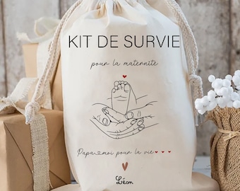 kit de survie futur papa pochon sac beige cordon en coton personnalisé cadeau de naissance pour papa kit survie maternité annonce grossesse