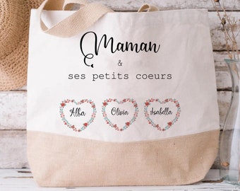 cabas personnalisé Cœur fleuri Maman et ses petits cœurs cabas mamie personnalisable cabas fête des mères prénom petit enfant