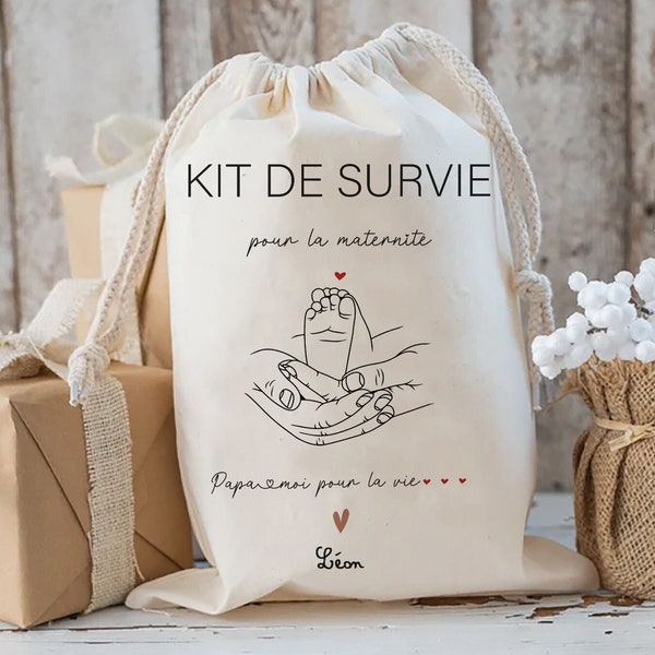 kit de survie futur papa pochon sac beige cordon en coton personnalisé cadeau de naissance pour papa kit survie maternité annonce grossesse