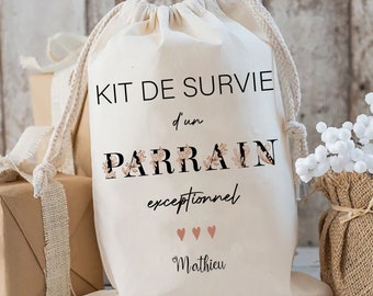 kit de survie futur parrain pochon sac beige personnalisé cadeau annonce parrainage  cadeau parrain marraine, cadeau baptême parrain