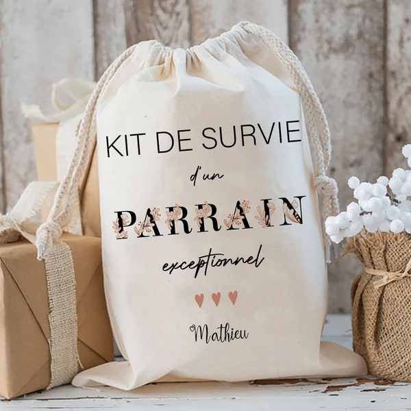 kit de survie futur parrain pochon sac beige personnalisé cadeau annonce parrainage  cadeau parrain marraine, cadeau baptême parrain